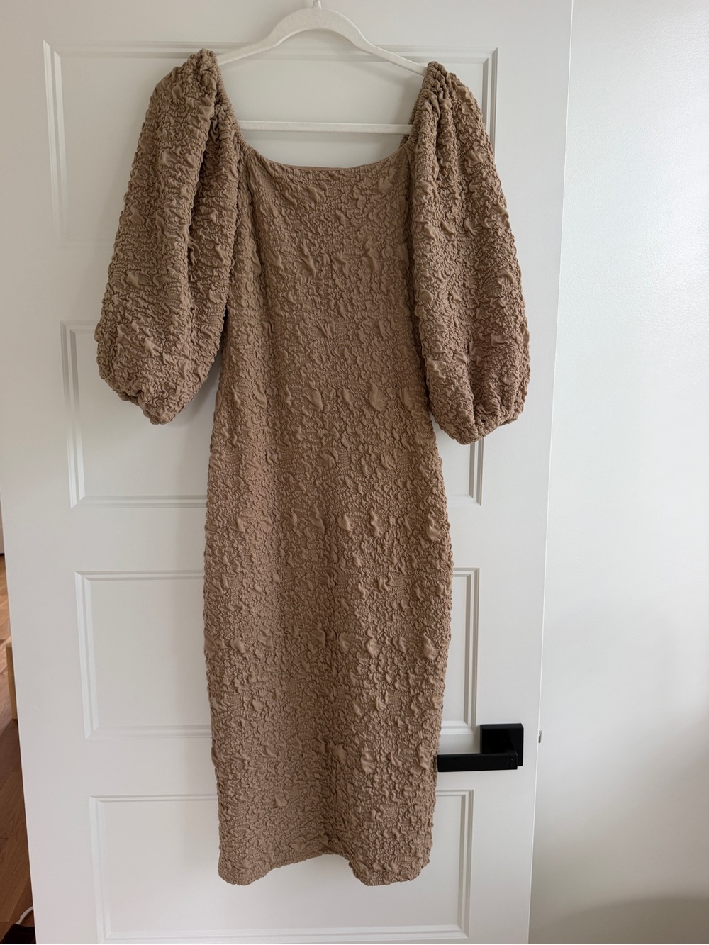 Puff-Sleeve Textured Midi Dress in Taupe